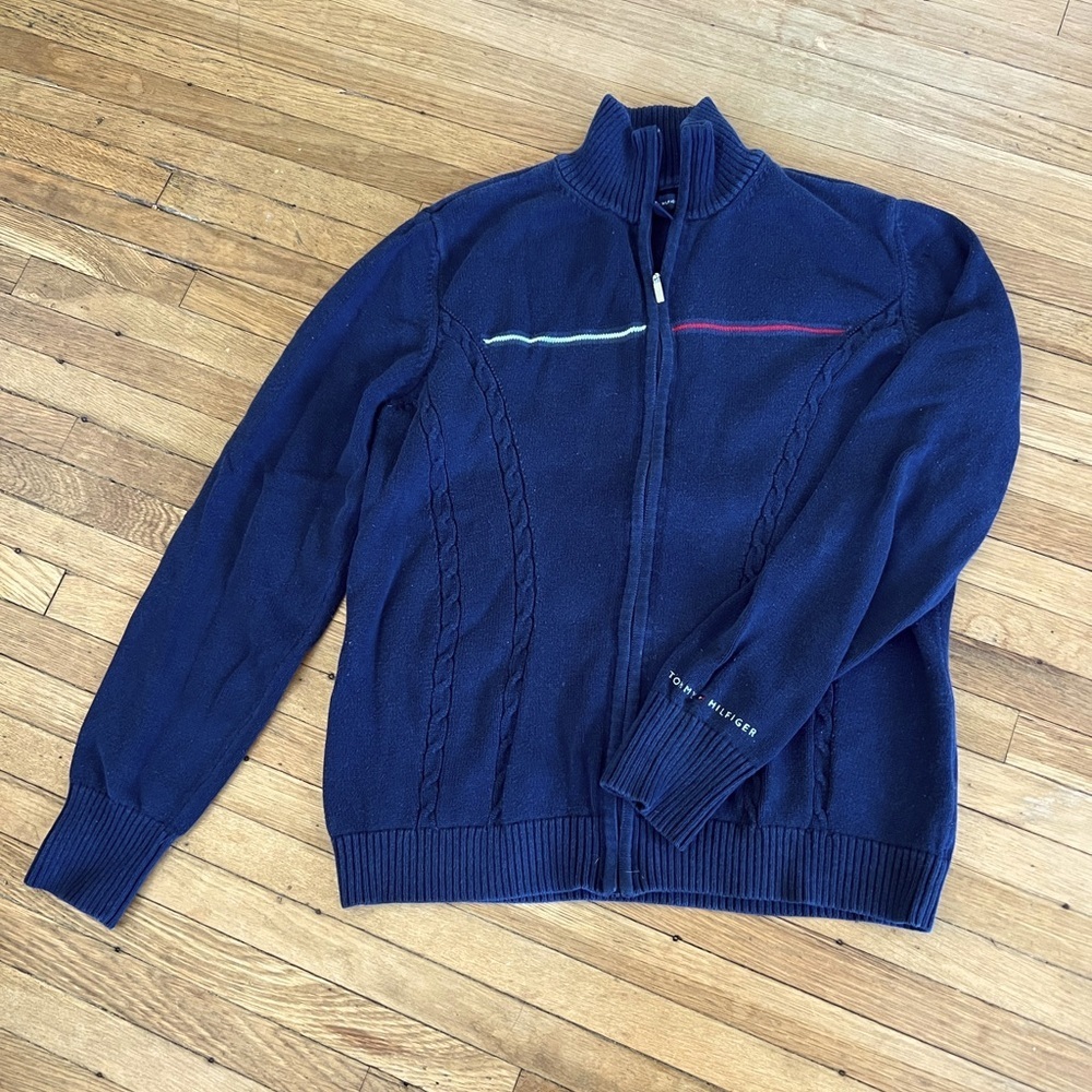 Tommy Hilfiger Blue Cable Knit Full Zip Mock Neck Sweater | Large